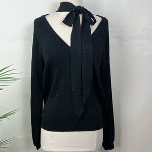NWT 27 Miles Malibu Sweater V-Neck Black Metallic Bow Tie Evening Silk Cotton L